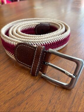 Men's Woven cotton and leather sailing style Belt in Cream and Burgundy